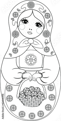 Outline for coloring a Russian doll matryoshka doll, grandmother's doll. The doll is a young girl with a basket of eggs and an apron for Easter, isolated on a white background. Coloring book. 