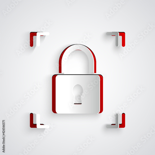 Paper cut Fingerprint with lock icon isolated on grey background. ID app icon. Identification sign. Touch id. Paper art style. Vector