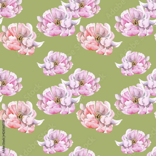 Seamless pattern with watercolor peony flowers. Texture for wrapping paper, fabric, cards, wallpaper and packaging.