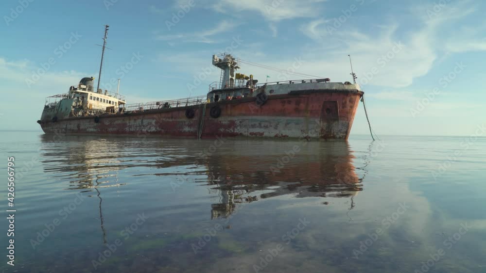old ship rusts in the caspian sea in kazakhstan