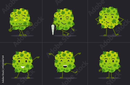 set cute smiling cannabis weed bud cartoon character standing in different poses medical marijuana drug consumption concept horizontal flat