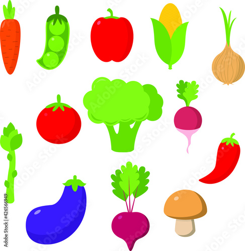 set of vector images of vegetables: carrots, corn, onions, beets, peas, broccoli, radishes, peppers, bell peppers, chili peppers, eggplant, mushrooms, asparagus. Healthy food