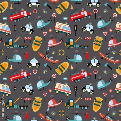 Cars are rescuers. Seamless pattern with rescue equipment. Design of fabrics, textiles, wallpaper, packaging, decoration of a children's room.	