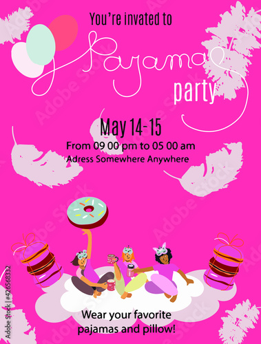 Pajama Party invitation card template, lettering, three girls, pink, snacks, night masks, donuts, macarons, feathers.