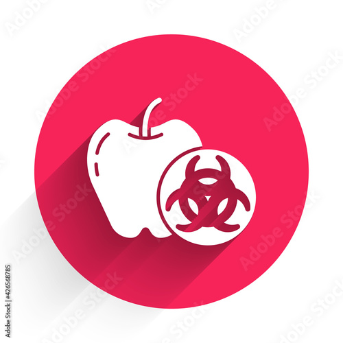 White Genetically modified apple icon isolated with long shadow. GMO fruit. Red circle button. Vector