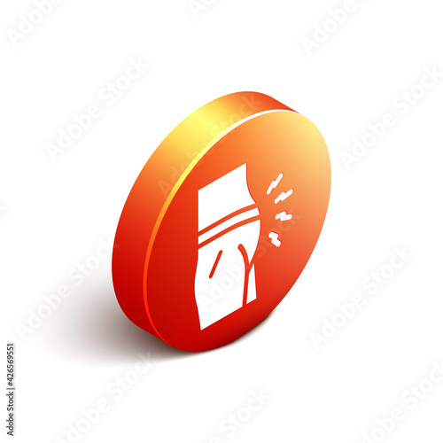 Isometric Abdominal bloating icon isolated on white background. Constipation or diarrhea. Orange circle button. Vector