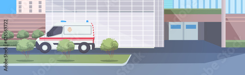 ambulance car near hospital building medical healthcare concept modern clinic exterior horizontal