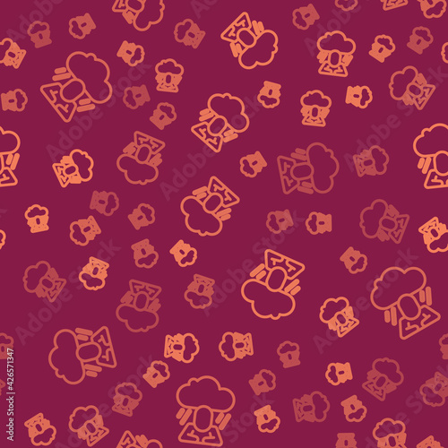 Brown line Depression and frustration icon isolated seamless pattern on red background. Man in depressive state of mind. Mental health problems. Vector