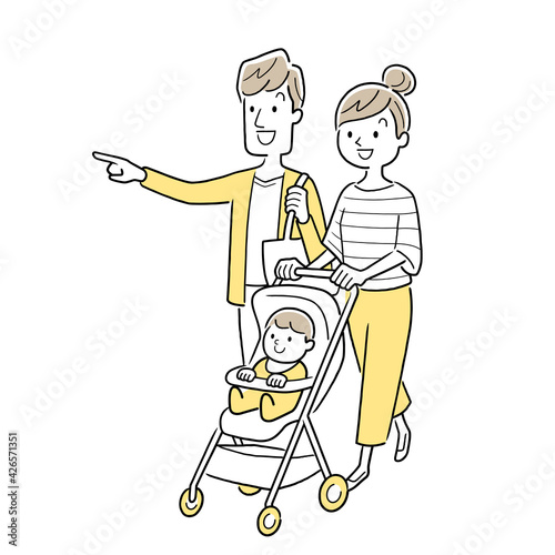 ベクターイラスト素材：家族、ベビーカー、お出かけ
