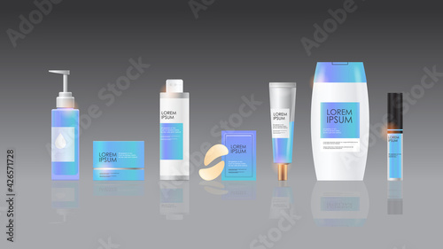 set cosmetic or perfume bottles beauty spa products natural cosmetology skincare packaging branding skin treatment concept realistic packages collection horizontal