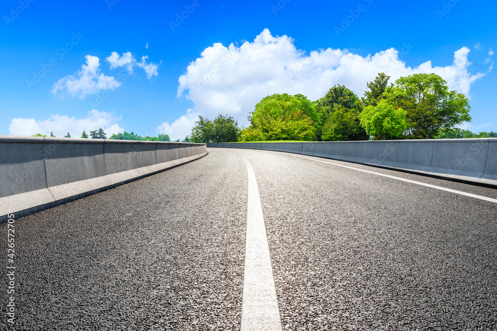 Fototapeta premium Asphalt road and green trees in spring season.