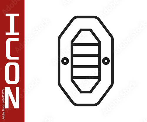 Black line Rafting boat icon isolated on white background. Inflatable boat with paddles. Water sports, extreme sports, holiday, vacation. Vector