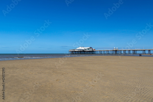 Blackpool pier and an empty beach during the covid lockdown at lowtide