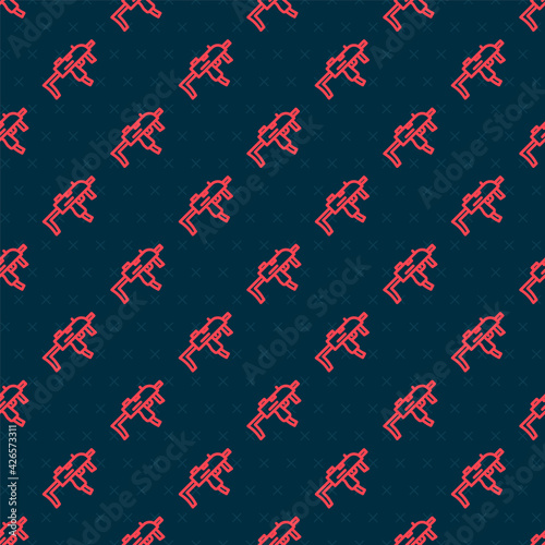Red line MP9 submachine gun icon isolated seamless pattern on black background. Automatic weapon. Vector