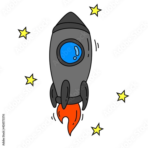 Spaceship in the stars or rocket ship with fire flat line icon in color. New project starting, start up launching and rocket. Trendy isolated symbol for: logo, app, design, web, ui, ux. Vector EPS 10