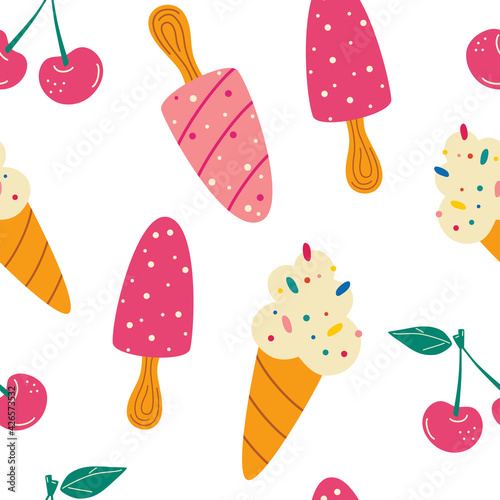 Seamless pattern with ice cream. Summer pattern, sweet desserts, cherry. For fabrics, wallpapers, ornamental template for design and decoration. Vector cartoon background.