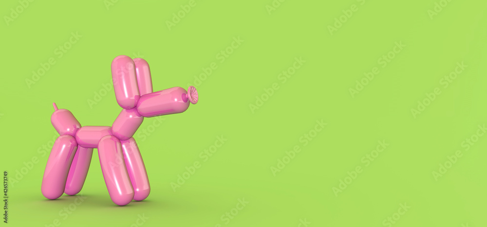 Pink dog balloons face to face isolated on green. Copy space. 3D rendering