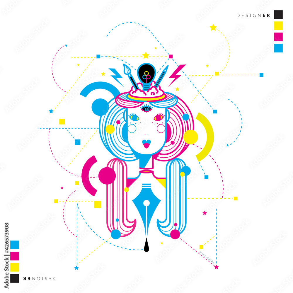 Linearne przedstawienie zawodu projektanta w kolorach RGB. Kobieta projektant, praca pasja - obrazy, fototapety, plakaty 