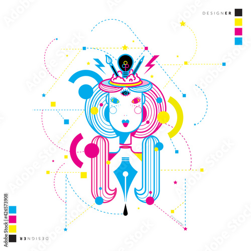 Linearne przedstawienie zawodu projektanta w kolorach RGB. Kobieta projektant, praca pasja