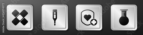 Set Crossed bandage plaster, Medical digital thermometer, Shield and heart rate and Test tube and flask icon. Silver square button. Vector