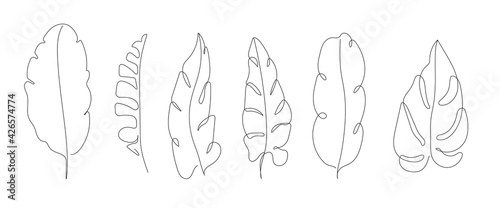 Vector Set of Hand Drawn Line Art Tropical Leaves. Palm Leaves Continuous One Line Drawing. Art Floral Elements Set. Good for T-shirt and Wall Art Prints, Logos, Cosmetics.  © Наталья Дьячкова