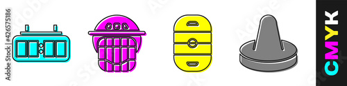 Set Hockey mechanical scoreboard, Hockey helmet, Ice hockey rink and Mallet for playing air hockey icon. Vector
