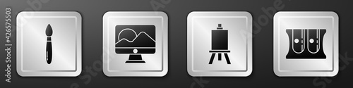 Set Paint brush, Computer monitor screen, Easel or painting art boards and Pencil sharpener icon. Silver square button. Vector