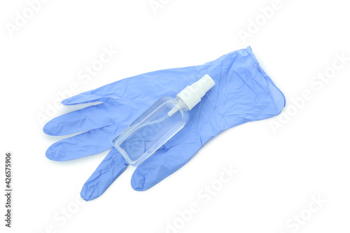 Medical gloves with antiseptic isolated on white background © Atlas