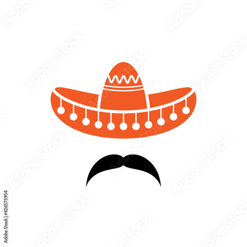 Sombrero, Mexican hat with mustache black icon. Flat logo isolated on white. vector illustration.
