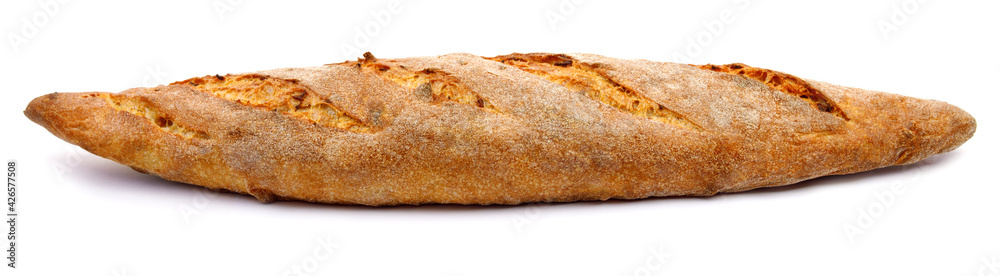 The baguette is isolated on a white background. Bread bun, French baguette. The baguette is isolated on a white background. Bread bun, French baguette.
