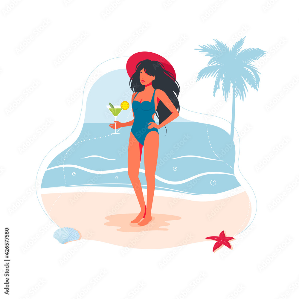 Beautiful Woman Girl On The Beach In A Swimsuit And With A Cocktail In Her Hand by the sea on the sand. Sea beach people traveling banner, summer holidays symbol. Vector illustration