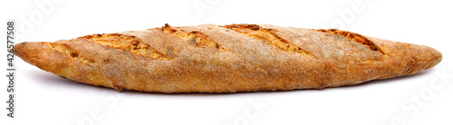 The baguette is isolated on a white background. Bread bun, French baguette.