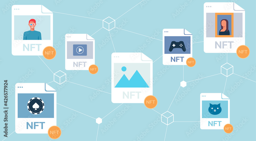 Concept of NFT, non-fungible token and digital items with crypto art, game, video for sale on internet online marketplace and blockchain technology, flat vector illustration