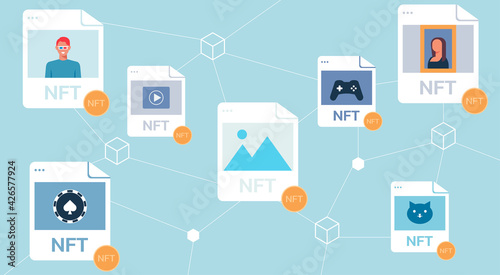 Concept of NFT, non-fungible token and digital items with crypto art, game, video for sale on internet online marketplace and blockchain technology, flat vector illustration