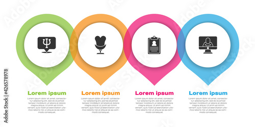 Set Psychology, Psi, Armchair, Medical clipboard and Psychologist online. Business infographic template. Vector