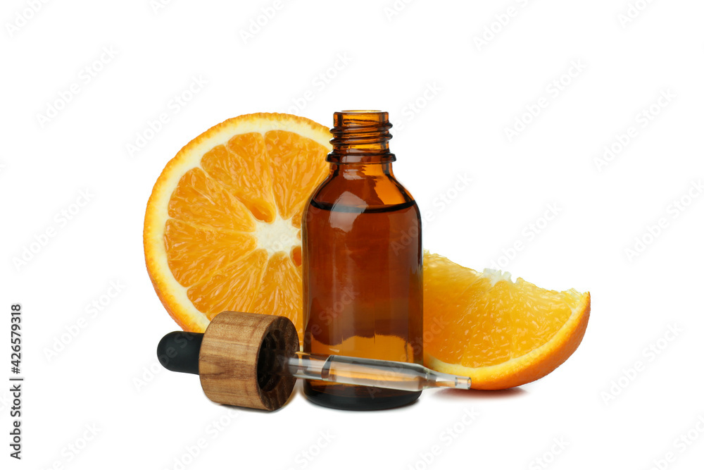 Dropper bottle with oil and orange isolated on white background Dropper bottle with oil and orange isolated on white background