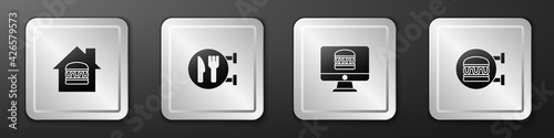 Set Online ordering and delivery, Cafe restaurant location, and burger icon. Silver square button. Vector