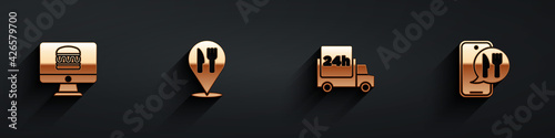 Set Online ordering and delivery, Cafe restaurant location, Fast by car and icon with long shadow. Vector