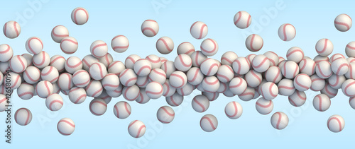 Baseball flying balls. Many white baseball balls with red stitching flying over blue background. Realistic vector background