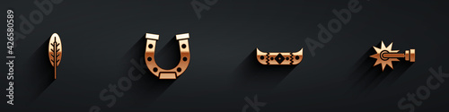 Set Indian feather, Horseshoe, Kayak canoe and paddle and Spur icon with long shadow. Vector