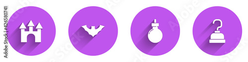 Set Castle, Flying bat, Bomb ready to explode and Pirate hook icon with long shadow. Vector