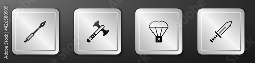 Set Medieval spear, War axe, Box flying on parachute and Sword icon. Silver square button. Vector