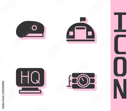 Set Dynamite and timer clock, Military beret, headquarters and barracks icon. Vector