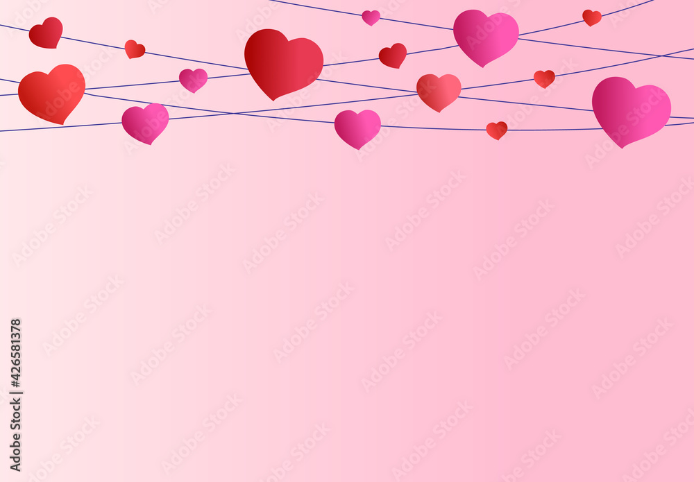 Pink Background Valentines day. Red and pink hearts hang on garlands