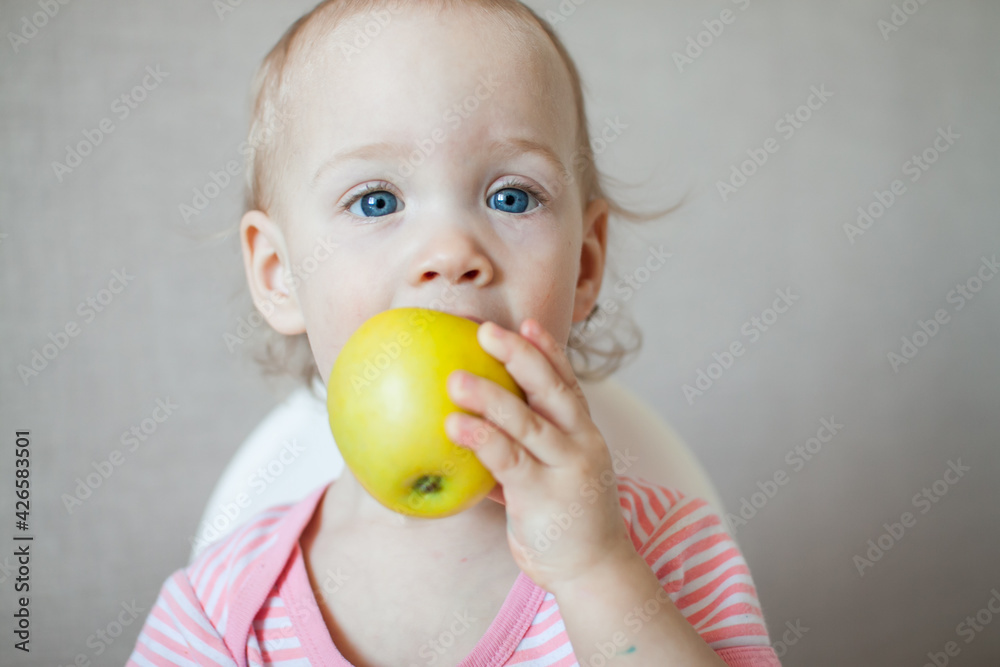 A little girl tastes, examines and plays with fresh apples with pleasure and interest. High quality photo A little girl tastes, examines and plays with fresh apples with pleasure and interest. High quality photo