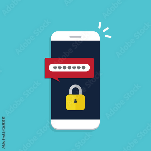 Unlocked phone , notification and password field on a mobile phone. Smartphone security concept.	
