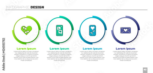 Set Healed broken heart, Mobile with, Flower rose and Envelope Valentine. Business infographic template. Vector