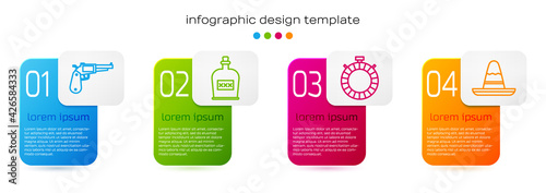 Set line Revolver gun, Alcohol drink Rum bottle, Canteen water bottle and Mexican sombrero hat. Business infographic template. Vector