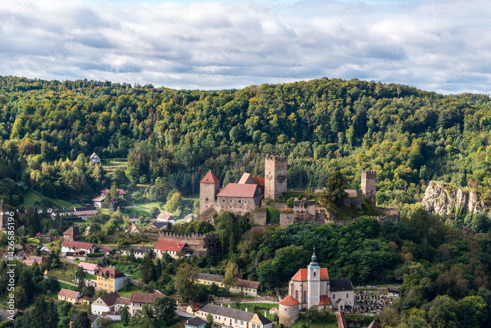 Hardegg town with castle ruins and church in Austria from Hardeggska vyhlidka view point in Podyji National park in Czech republic
