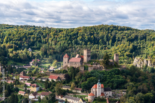 Hardegg town with castle ruins and church in Austria from Hardeggska vyhlidka view point in Podyji National park in Czech republic